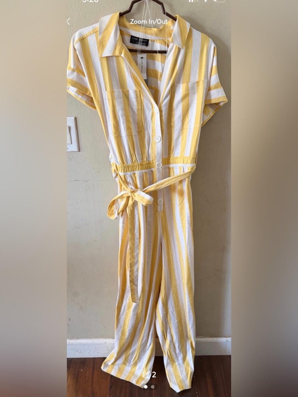 Lane Bryant Yellow Striped Button Front Belted Jumpsuit size 16